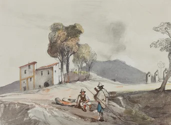 Herdar med Vesuvius i fjärran, med tillägg av en Borbone-pupill (penna, wc och gouache på papper)