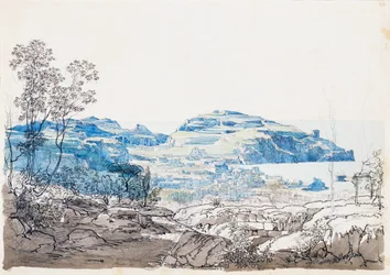 Utsikt över Ischia (Lacco Ameno), ca 1845 (blyerts, penna och akvarell)