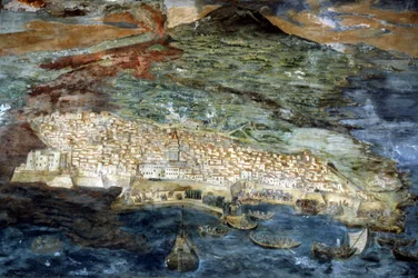 1669 ödelades staden Catania (Sicilien) av Etnas utbrott. Målning av Giacinto Platania. Sakristia i Duomo i Catania.