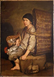 Ärendepojke sittande med en korg på ryggen, ägg och fågel, ca 1735 (olja på duk)