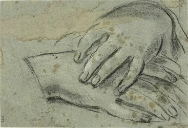 Korslagda händer (recto); höger fot, delvis täckt av draperi (verso)