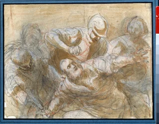 Simson tillfångatagen av filistéerna Ritning i brunt bläck och tvätt av Giacomo Cavedone (1577-1660) Runt 1614 sön. 0,20 x 0,27m Paris. Louvren