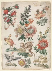 Blommönster med fåglar och Griffon