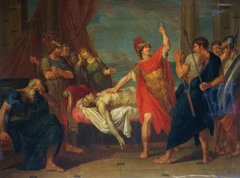 Akilles svär en ed vid Patroklos kropp, målning av Giacomo Conca (1787-1852)