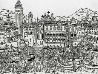 Utsikt över Venedig på 1400-talet, Italien, träsnitt, från Supplementum chronicarum av Giacomo Filippo Foresti (1434-1520)