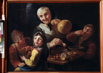 ""Bondens måltid"" (Bondens måltid) En gammal bondkvinna och tre barn som frukostar på soppa, körsbär och bröd. Målning av Giacomo Francesco Cipper (1664-1736) 1700-talets Ivan Kramskoy (eller Kramskoi) konstmuseum i Voronezh (Voronezh),