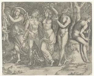 Bacchus och bacchanter och meanade med tamburin
