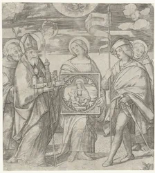 Fem skyddshelgon av Bologna föreställande Maria