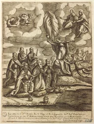 Allegori över den heliga ligan från 1571 som stipulerades av påven Pius V, Filip av Spanien och dogen av Venedig Alvise Mocenigo, gravyr av Giacomo Franco (1556-1620)