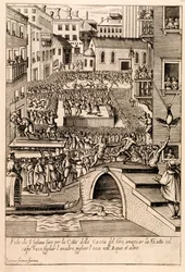 Djurbete vid den venetianska "Jaktens festival", illustration från serien "Habiti d