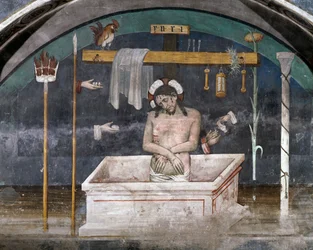 Kristus omgiven av symboler för passion, fresk av Giacomo Jaquerio (1375-1453), klostret Sankt Antonius av Ranverso, Buttigliera Alta, Piemonte, Italien