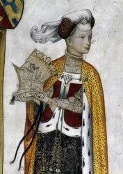 Skildring av markisen av Saluzzo och deras fruar som historiska och mytologiska hjältar och hjältinnor. Detalj: Riccarda di Sicilia, hustru till Tommaso II, som Amazonas drottning Lampeto. 1418-30