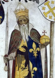 Skildring av markisen av Saluzzo och deras fruar som historiska och mytologiska hjältar och hjältinnor. Detalj: Manfredo III. som Karl den Store. 1418-30