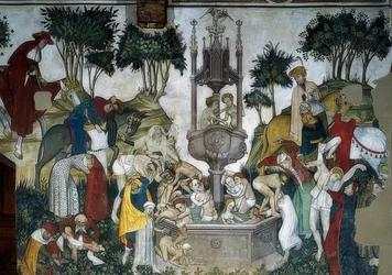 Ungdomens källa. Detalj: ankommande och badande i källan. 1418-30