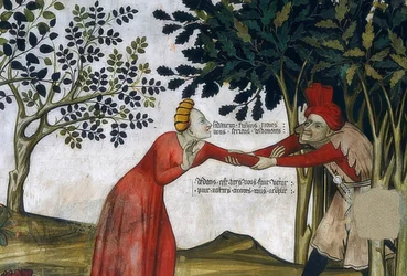 Ungdomens källa. Detalj: en man drar in en kvinna i buskarna. 1418-30