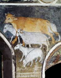 Boskapsdjur, detalj från fresk av Giacomo Jaquerio (1375-1453), klostret Sankt Antonius av Ranverso, Buttigliera Alta, Piemonte, Italien