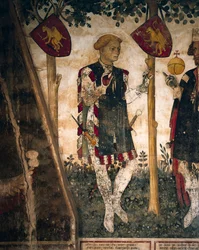 Valerano och Thomas III av Saluzzo, detalj från freskerna i Baronial Hall, ca 1410-1430 (fresk)