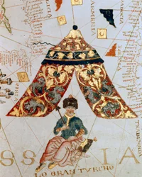 Detalj av en karta av kartografen Giacomo de Maggiolo föreställande Sultan Soliman (Suleyman) Jag sa den magnifika (1520-1566) som kallas "Den store turken"". Miniatyr. Marinmuseum, Genes