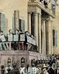 Risorgimento: "" medlemmar av Giovine Italia-rörelsen (inklusive Carlo Cattaneo (1801-1869), Tinelli, Danzi, Bussi) sitter framför Justitiepalatset i Milano och lyssnar på domen som dömde dem till exil 1848"" 1884 Litografi av Manteg