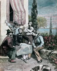 Risorgimento: exilerna på Korfu (Korfu) vars bröder Attilio Bandiera (1810-1844) och Emilio Bandiera (1819-1844) studerar en italiensk karta för att göra en expedition. 1884 Gravyr av Mantegazzas privata samling