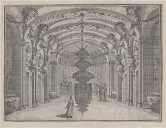 Teaterscen i en stor sal med välvt tak och en central skulptur, ..., ca. 1687-1717.