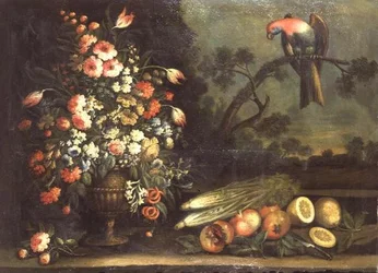 Stilleben, blandade blommor, grönsaker och papegoja