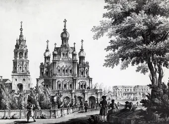 Himmelsfärdskyrkan och Gagarin-palatset i Moskva, teckning av Giacomo Quarenghi Domenico (1744-1817), tryck, Ryssland