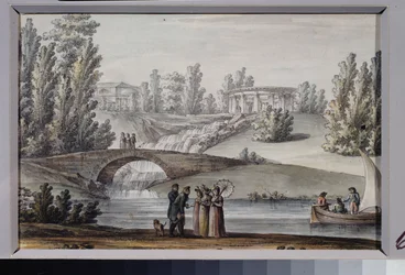 Apollontemplet och vattenfallet i Pavlovsk Park (Sankt Petersburg). Verk av Giacomo Antonio Domenico Quarenghi (1744-1817), bläck och akvarell på papper, cirka 1800. Italiensk konst
