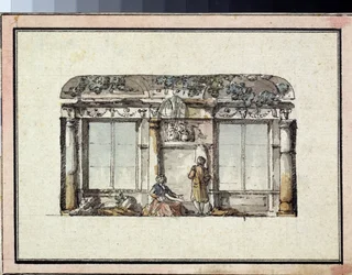 Projekt för dekoration av ett rum med två fönster. Verk av Giacomo Antonio Domenico Quarenghi (1744-1817), bläck och akvarell på papper. Italiensk konst, klassicism. State A. Pushkin Museum of Fine Arts, Moskva.