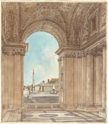 Piazza av Peterskyrkan sett genom en båge av basilikan