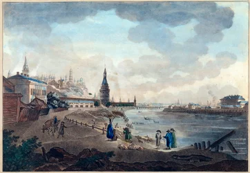 Vy över Kreml från Moskva från stenbron över Moskva (Moskva eller Moskwa). Verk av Giacomo Antonio Domenico Quarenghi (1744-1817), akvarell och bläck på papper, cirka 1790. Italiensk konst