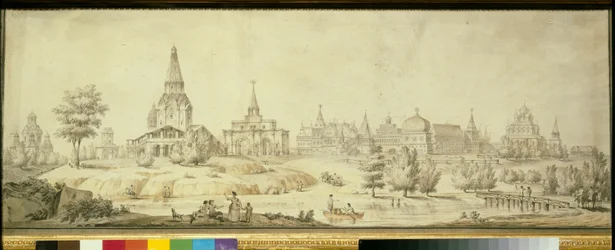 Utsikt över Kolomenskoye-distriktet i Moskva, till vänster Kristi himmelsfärdskyrkan - Verk av Giacomo Antonio Domenico Quarenghi (1744-1817)