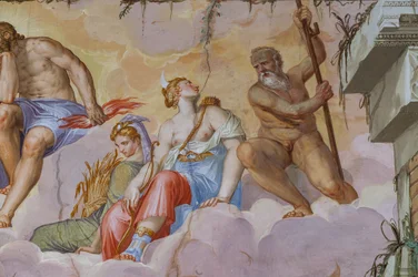 Ceres (skördens gudinna med ett öronknippe) och Diana (jaktens gudinna med pilbågen), detalj av Olympens rum, ca 1557 (fresk)