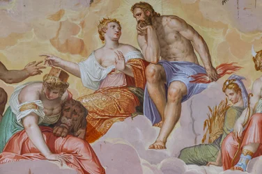 Juno, Jupiter, Cybele liggande på moln, ovanför arkitektoniska ruiner, detalj av Olympens rum, ca 1557 (fresk)