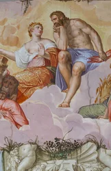 Juno och Jupiter liggande på moln, ovanför arkitektoniska ruiner, detalj av Olympus rum, c.1557 (fresk)