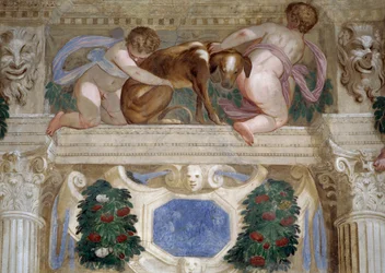 Putti med en vinthund, fruktfestonger och mascarons