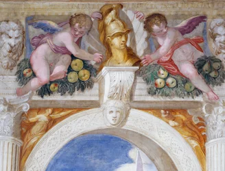 Putti med byst av en hjälte bland mascarons och fruktfestonger