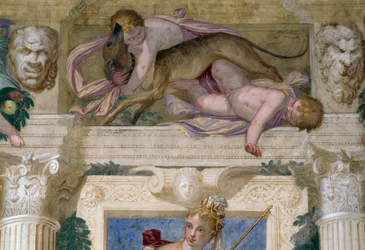 Putti med en vinthund och mascarons