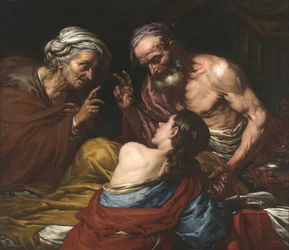 Isaac benit Jacob - Isak välsignar Jakob, av Langetti, Giovan Battista (1635-1676). Olja på duk, Mellan 1660 och 1670. Mått : 109x126 cm. Muzeul National Brukenthal, Sibiu