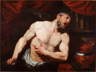 Cato den yngres självmord (Marcus Porcius Cato Uticensis eller Cato den yngre) (95-46 f.Kr.), romersk politiker. Målning av Giambattista Langetti (1621-1676), mått 93 x 123 cm, Genua, Musei di Strada Nuova