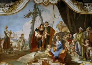 Rachel gömmer teraferna för sin far Laban, ca 1728.