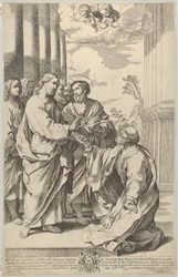 Kristus ger kyrkans nycklar till Sankt Peter som knäböjer framför honom, efter Guido ..., 1640-70.