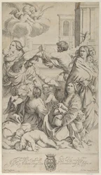 Massaker av de oskyldiga, grupp kvinnor och barn som attackeras, två änglar a..., ca. 1640-70.