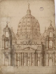 Alternativt förslag för fasaden av Basilica of St. Peter i Vatikanen par Bernini, Gianlorenzo (1598-1680). Penna, pensel, akvarell, tusch på papper