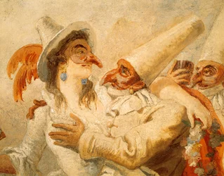 Karneval av Giandomenico Tiepolo (1727-1804), fresk, detalj med tre masker, Ca 