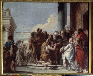 Den förlorade sonens återkomst (Return of the prodigal son). Målning av Giandomenico Tiepolo (1727-1804). Olja på duk, 49 x 59 cm