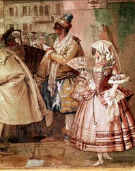 Venetianska masker Detalj av en fresk av Giandomenico Tiepolo (1727-1804) Vicenza från 1700-talet, Villa Valmarana