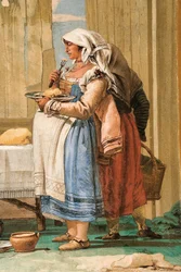Detalj från bondefamiljen vid bordet, från rummet med rustika scener, i Foresteria, 1757