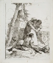 Trollkarl som pekar ut ett brinnande huvud till två ungdomar, ca. 1740-talet