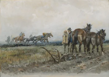 Tävlingshästar på motion Watched by Ploughmen (wc och gouache ombord)